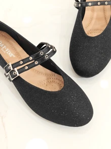 RevReaL Glitter Mary Jane Flats With Double Straps - Black - View 3