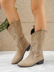 Women's Embroidered Suede Western Boots, Beige, Fashion Chunky Heel High Shaft Punk-Style Chelsea Boots - Khaki - View 1