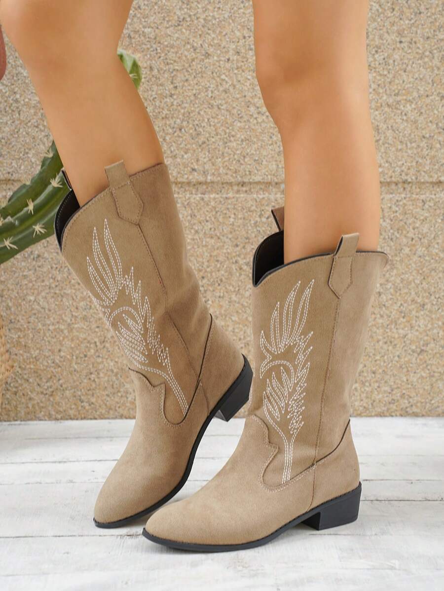 Women's Embroidered Suede Western Boots, Beige, Fashion Chunky Heel High Shaft Punk-Style Chelsea Boots - Khaki - View 1