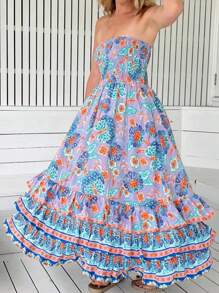 无袖紫色花卉印花分层荷叶边下摆口袋波西米亚风连衣裙，夏季 - 紫丁香色 - 查看 2