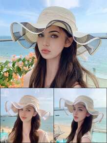 1 pieza Sombrero de verano de mujer estilo bohemio con bordes ondulados, detalle de lazo, ala ancha, sombrero de paja plegable de moda para protección solar al aire libre o diaria, regalo del Día de San Valentín