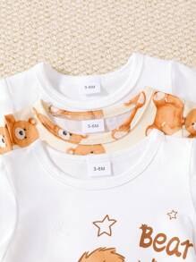 Conjunto de 3 piezas de pelele para bebé niño de manga corta con estampado de oso gráfico, estampado de oso total y blanco sólido, para verano - Multicolor - Ver 4