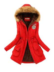 Abrigo de polar de algodón con capucha y cordón para mujer, chaquetas para mujer - Rojo - Ver 1