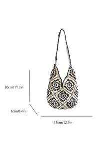 女士编织向日葵图案手提包，大容量软肩手提包，时尚优雅，适合度假 - 黑色 - 查看 9