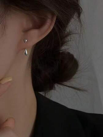 1 Pair Minimalist Water Drop Stud Earrings, Teardrop Ear Clips For Women, Unique Two-Way Wear Style Earrings