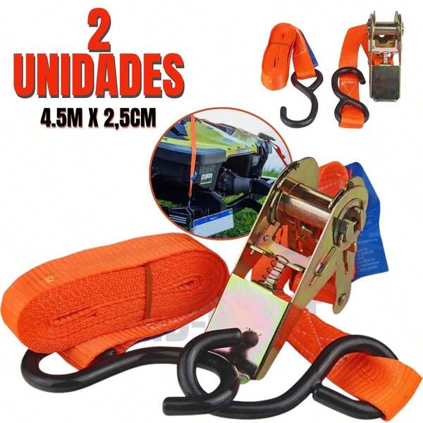 Cinta com Catraca de Amarração e Levantamento 4,5 Metros para Cargas e Veículos Até 540Kg Resistente Kit com 2 Peças