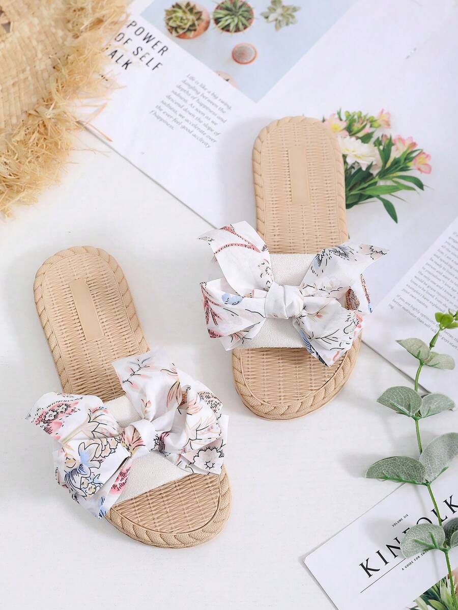 Women's Fashion Bowknot Soft Bottom Flat Sandals, Suitable For School, Vacation, Party - Beige - View 1