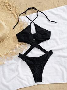 Traje de baño de una pieza con corte cruzado y escote halter, estilo europeo y americano moderno para mujeres