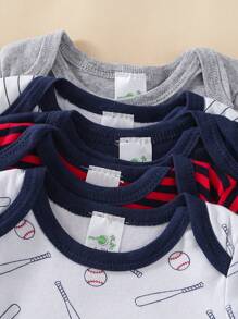 5pcs/Set Infant Bodysuits Baseball Sports Cartoon Print Short Sleeve Bodysuit For Baby Boys - Navy Blue - View 4