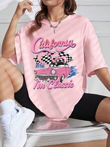 Women's Oversize 100% Cotton T-ShirtRound Neck With Car Alphabet Print - Rosa - Ver 2