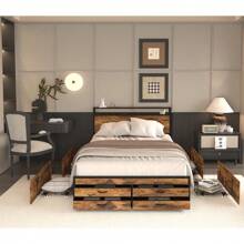 Queen Size Bed Frame With 8 Storage Drawers, LED Headboard With Charging Station, Metal Platform Bed Frame, No Box Spring Needed, Noise-Free, Stable And Solid, Brown - 棕色 - 查看 2