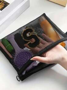 Black Mesh Bag, Large Capacity With Name Initials, Towel Embroidered Letters A-Z, Transparent Mesh Cosmetic Storage Bag, Multi-Functional Travel Portable Bag, Lipstick Skincare Product Storage Washing And Makeup Bag, Student Stationery Bag, Mesh Zipper Bag, Travel Cosmetic Packaging Storage Bag, Simple And High-End, Accessory Storage, Suitable For Dormitory Storage, Travel, Business Trip, Swimming, Home Storage Make Up Bag - Black - View 6