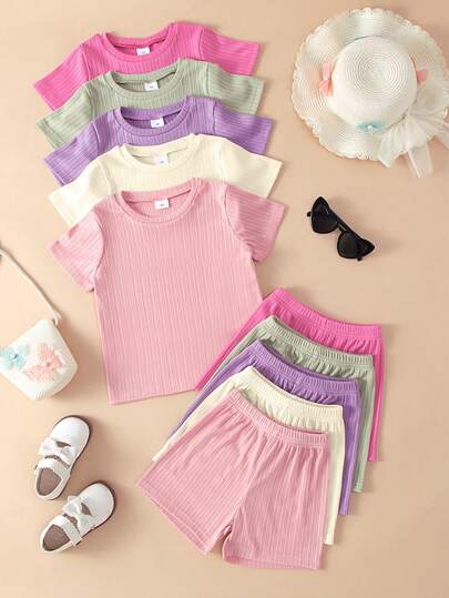 10pcs/Set Girls' Casual Solid Color Pleated Soft Comfortable Knit Short Sleeve T-Shirt And Shorts Set, Suitable For Outdoor Wear, Spring/Summer
