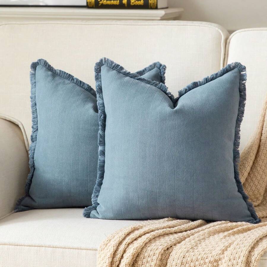 1pc Chenille Tassel Decorative Throw Pillow Cover, Minimalist & Practical Multifunctional - Blue - View 1