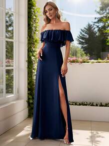 EVERPRETTY Off Shoulder Ruffles Sleeve Side Split A-Line Chiffon Navy Blue Bridesmaid Dress Wedding Guest Dress For Wedding Vacation Graduation