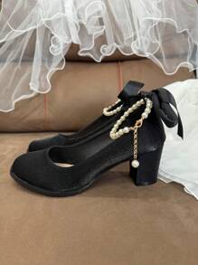 Tacones gruesos elegantes con decoración de cristales y perlas para niña, talla grande, adecuados para vestidos formales y ocasiones, con correa de tobillo ajustable