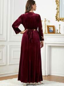 Fashionable Embroidered Beaded Velvet Dress, Arabic Women's Evening Gown - Burgundy - View 3