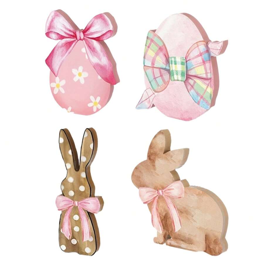 Easter Tiered Tray Decor Set 4Pcs Rustic Bunny Bow Easter Egg Wooden Signs Holiday Table Centerpieces - Multicolor - View 1