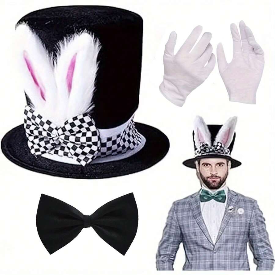 3 件套复活节服装套装，包括带耳朵的兔子帽、蝴蝶结、手套 - 角色扮演服装，适用于舞台表演、魔术表演、狂欢节 - 可手洗、无羽毛，适合新年和各种庆祝活动、舞会派对服装套装