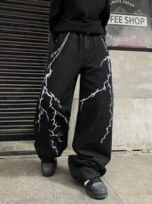 1 stuk heren losse pasvorm bliksem borduurwerk flared jeans, vintage Americana hiphop streetwear