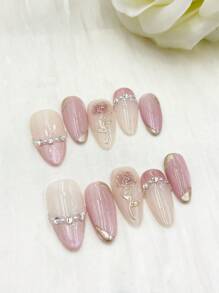 qihangxin 10片手工奢华浪漫玫瑰箔纸美甲贴纸，优雅氛围，高端品质，可移除可重复使用，适合不同风格的女性，长指甲，圣诞礼物，假指甲，按压式长指甲 - 彩色 - 查看 3