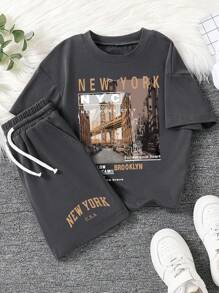 Tween Boy Scenic Print Round Neck Short Sleeve T-Shirt And Shorts Set - Dark Grey - View 1