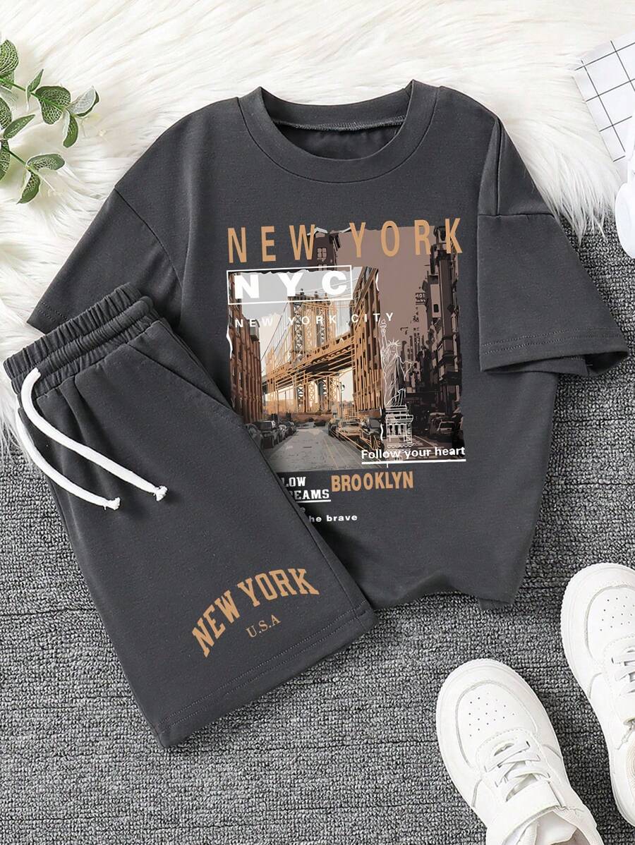 Tween Boy Scenic Print Round Neck Short Sleeve T-Shirt And Shorts Set - Dark Grey - View 1
