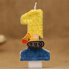 1pc Shiny Blue & Yellow Construction Truck Numeral Candle - Architecture & Engineering Theme Truck Number Candle 0-9 For Birthday Cake Decoration, Happy Birthday Celebration, Suitable For Engineers, Interesting Flashing Birthday Candle Cake Decoration For Birthday Party, Anniversary Celebration