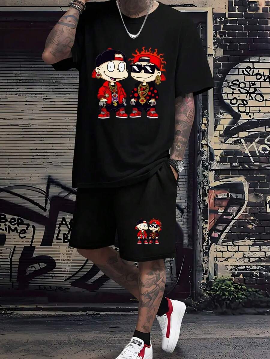 男士可爱图案印花休闲圆领 T 恤和短裤套装，夏季舒适服装 - 黑色 - 查看 1