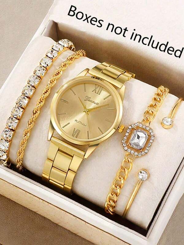5 Pieces/Set, Women's Watch, Fashionable Luxury Business Gold Steel Strap Watch, Alloy Bracelet Set, Daily Wear, Watch Bracelet Set, Girl Gift