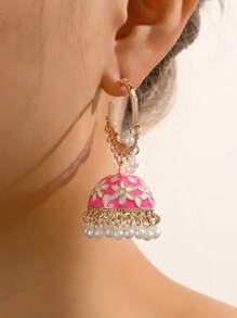1 par de pendientes elegantes con aro y colgante de perla artificial, con decoración de flor con efecto de goteo de aceite, adecuado para uso diario, festivales, bodas y fiestas de mujeres