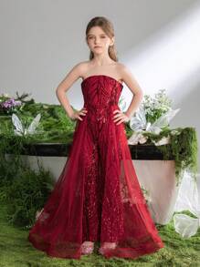 Tween Girls' Sparkly Strapless Jumpsuit With Mesh Overlay At Waist - Red - View 5