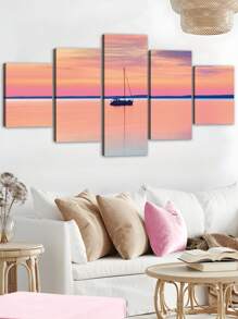 5pcs/Set Travel Posters,Wall Art With Frame,Ready To Hang,Colorful Coastal Pier Sunset Canvas Wall Art,The Bridge Into The Sea,Sailboat Sunset Reflection Boat Multipanel Travel Wall Decoration,For Bedroom Living Room Corridor, Home Decoration Gift For Him For Her,Coastal Summer Decor
