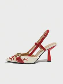 Damen Pumps mit floraler Stickerei, Ketten-Dekor und spitzer Zehenkappe mit Schnallenverschluss, elegante Modeschuhe geeignet für den Alltag, Zusammenkünfte, Partys, festliche Anlässe, Frühling/Sommer, bequeme vielseitige rote High Heels, High Heels, Pumps mit Blume Muster - Rot - Übersicht 9