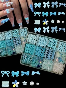 1盒随机混合蓝色ABS蝴蝶结、花朵、珍珠、闪亮贝壳片美甲装饰品，超仙女美甲饰品DIY美甲用品 - 彩色 - 查看 3
