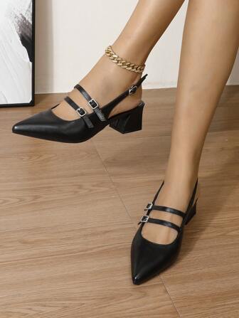 新款时尚女士黑色粗跟高跟鞋、方头穆勒凉鞋、夏季 Clearmary Janes 中跟鞋