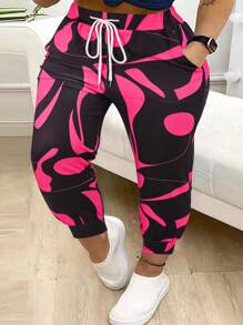 Plus Size Women Geometric Print Drawstring Casual Long Pants Spring - Hot Pink - View 1