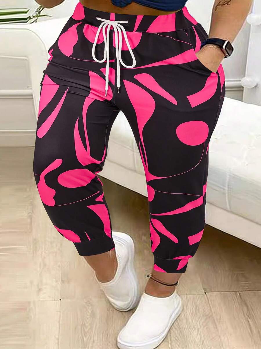 Plus Size Women Geometric Print Drawstring Casual Long Pants Spring - Hot Pink - View 1