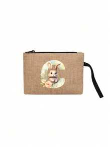 1pc Khaki Linen Makeup Bag With Letters And Rabbits Printed On It, Rabbit Print Fashionable Wreath Letter Pattern,Coin Wallet, Makeup Bag, Ladies' Birthday Gift, Teacher's Thank You Gift - Khaki - View 30