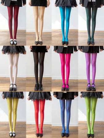 1双/4双装女士纯色丝绒连裤袜，120D防勾丝，性感保暖，糖果色系，适合春秋季穿着，舒适透气