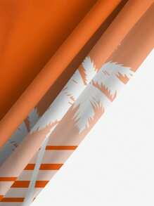 男士泳裤，夏威夷渐变色条纹椰子树与植物 3D 数码印花，休闲户外运动沙滩度假短裤带抽绳，单层无衬里 - 亮橙色 - 查看 6