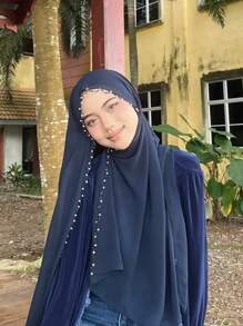 1 pièce Foulard hijab en mousseline de soie pour femmes avec décoration de chaîne en dentelle perlée pour mariage, festival, fête