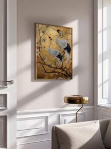 1 件无框帆布艺术 - 现代抽象鹤与花枝设计，优雅的金色色调背景，适用于客厅或卧室装饰，卧室墙壁艺术 | 优雅墙壁帆布 | 金色色调设计