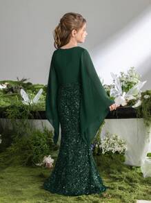 少女V領雪紡閃爍派對裙 - 墨綠色 - 查看 3