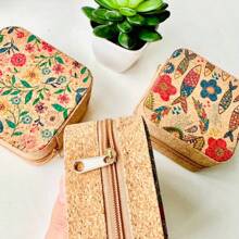 1 szt. Przenośne miękkie pudełko do przechowywania biżuterii z korka - organizer na kolczyki, pierścionki, naszyjniki, modna gablotka na biżuterię, wielofunkcyjny organizer do przechowywania biżuterii