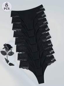 8Pcs/Set Women's Cotton Thongs Panties Underwear Comfortable Breathable Female Sexy Lace Lingerie Splice - 黑色 - 查看 5