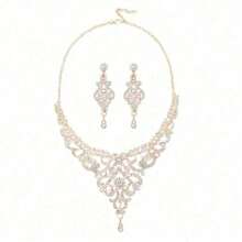 1 Set Vintage Crystal Inlaid 3-Piece Jewelry Set: Earrings, Necklace, Suitable For Bride, Wedding, Banquet, Party Wear