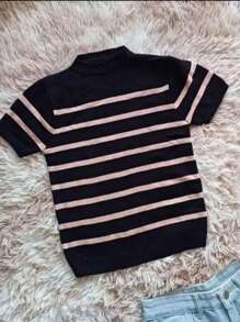 Striped Knit Blouse Short Sleeve High Elasticity Summer Modal Premium - Black Beige - View 2
