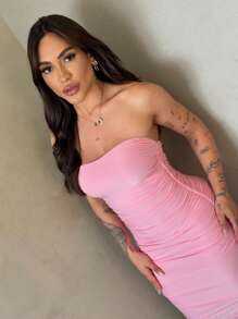 Baby Pink Strapless Midi Dress With Suplex Cup, Ruched Sides, Wrinkled, Strapless, Elegant, Sensual, Tight Fit - Baby Pink - View 3