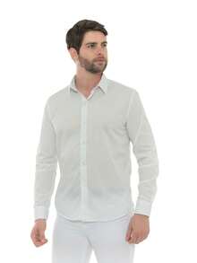 White Slim Long Sleeve Dress Shirt - Green - View 9